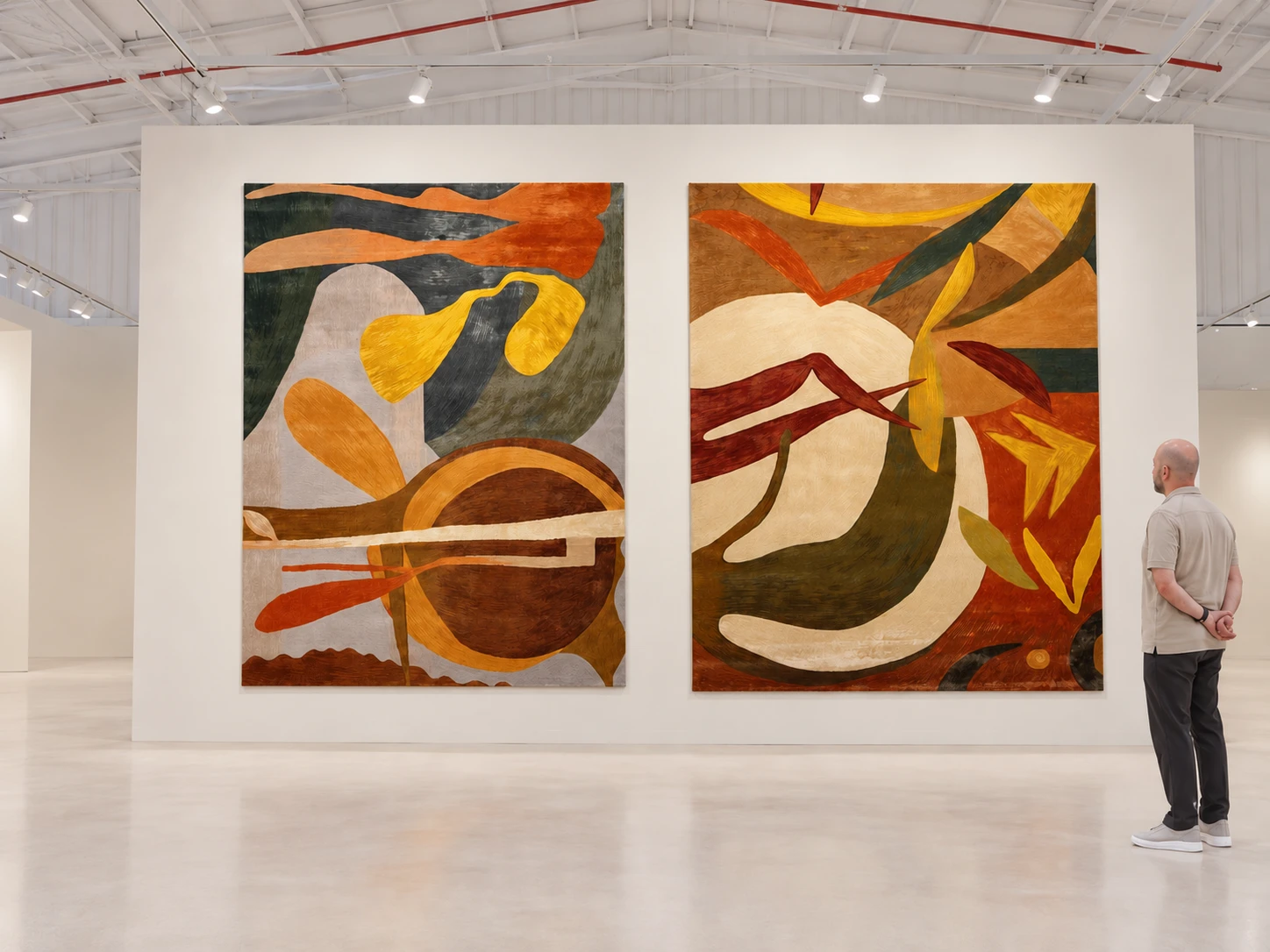 Two Rafael Uriegas rugs displayed together at exhibition scale with one visitor